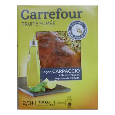 Truite Fumée Façon Carpaccio À L'huile D'olive Et Au Poivre De Sichuan (5 Tranches) - 100 G (Carrefour)