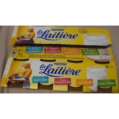 Yaourt au lait entier, sucré et aromatisé (saveurs : coco, fraise des bois, vanille, citron) 8 pots (La Laitière - Nestlé)