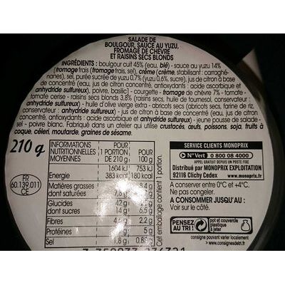 Salade de boulgour, sauce au yuzu, fromage de chèvre et raisins secs blonds (Monoprix)