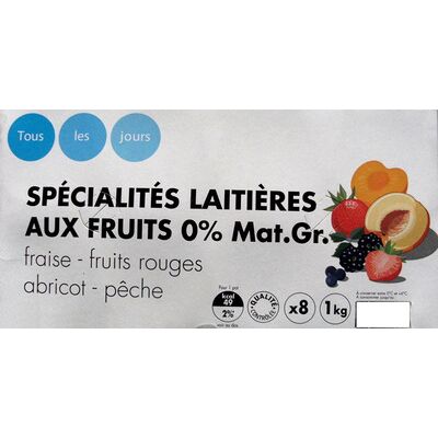 Spécialités laitières aux fruits (0 % mg) fraise, fruits rouges, abricot, pêche (x 8) (Tous Les Jours - Groupe Casino)