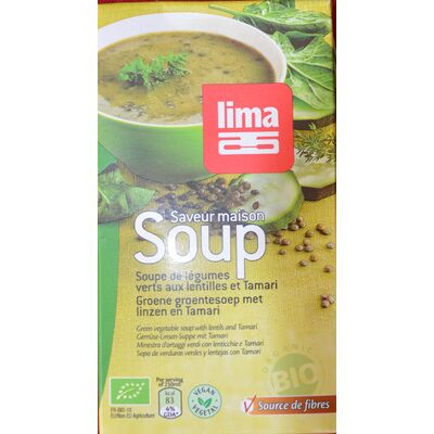 Soupe de légumes verts aux lentilles et tamari (Lima)