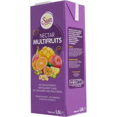Nectar de fruits à base de jus de fruits concentrés et de purée de fruits partiellement concentrées avec édulcorant. source de vitamine a. teneur en fruits: 50% minimum. brique 1.5l (Sun (jus))