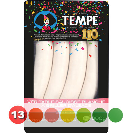 Véritable saucisse blanche à griller d'alsace 75g x4 (Tempé) Véritable saucisse blanche à griller d'alsace 75g x4 (Tempé)